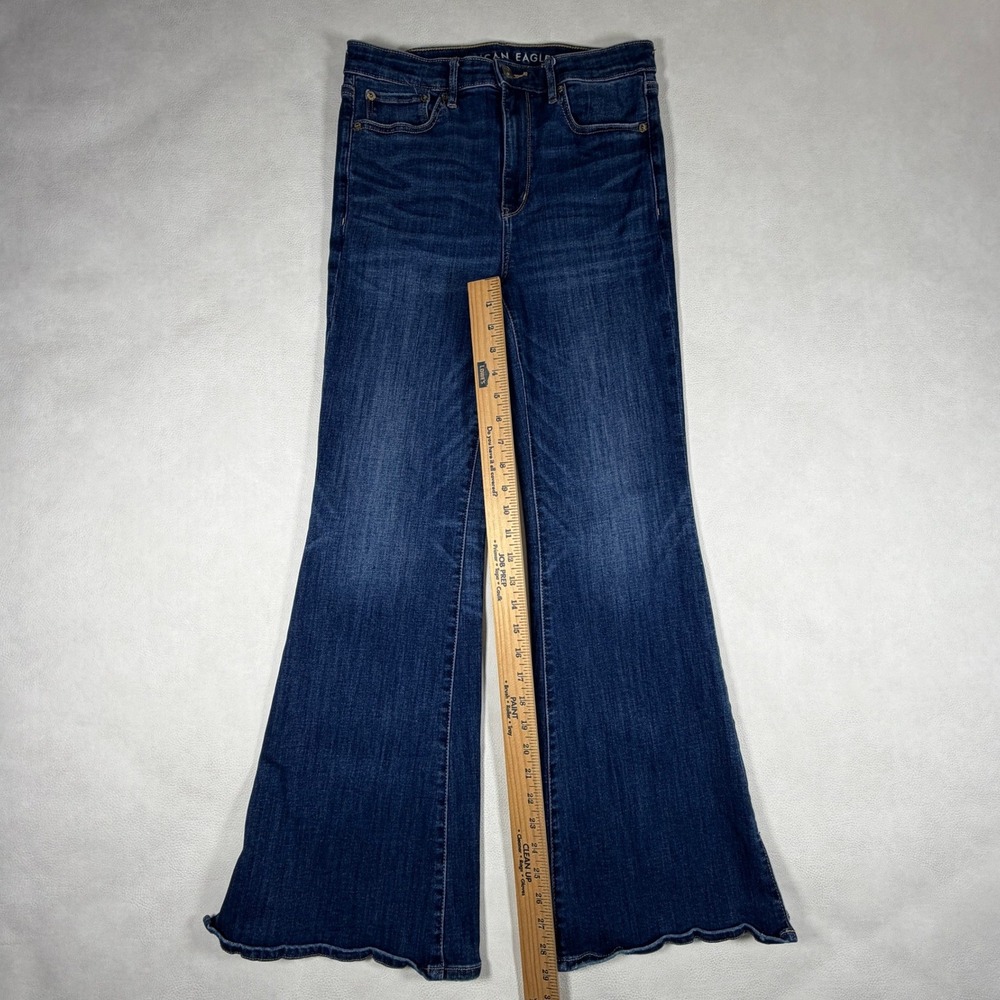 American Eagle Super Hi-Rise Flare Jeans Dark Wash Scalloped Hem Size 10 Regular - Picture 6 of 14